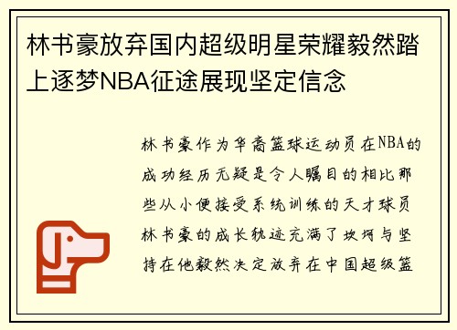林书豪放弃国内超级明星荣耀毅然踏上逐梦NBA征途展现坚定信念